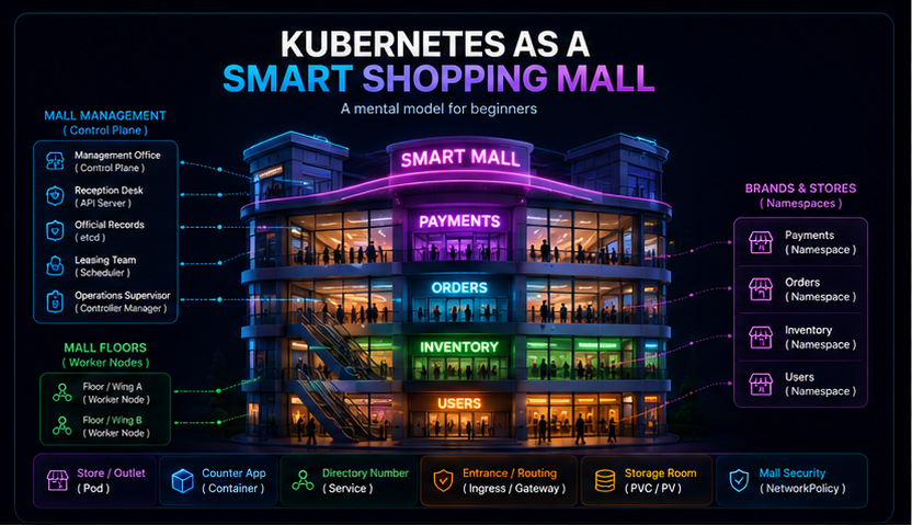 Detailed shopping mall mental model mapping the Kubernetes control plane, worker nodes, Namespaces, Pods, containers, Services, Ingress or Gateway, storage and NetworkPolicy.
