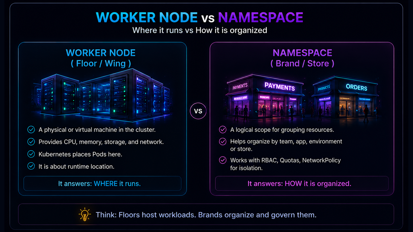 Diagram explaining that worker nodes are runtime locations while Namespaces are logical scopes that can span multiple nodes.