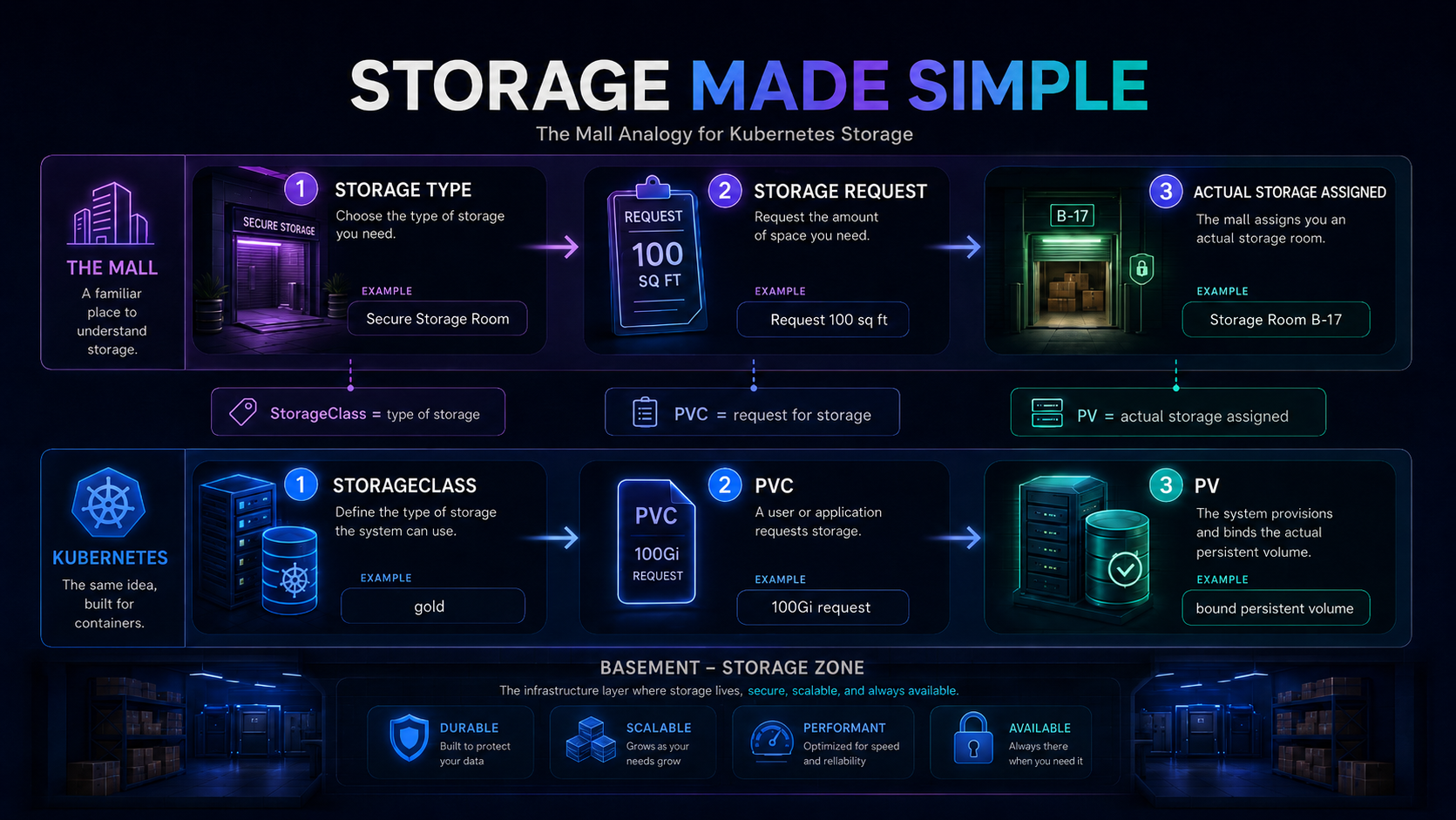 Storage Made Simple infographic explaining StorageClass, PersistentVolumeClaim and PersistentVolume through a shopping mall analogy.