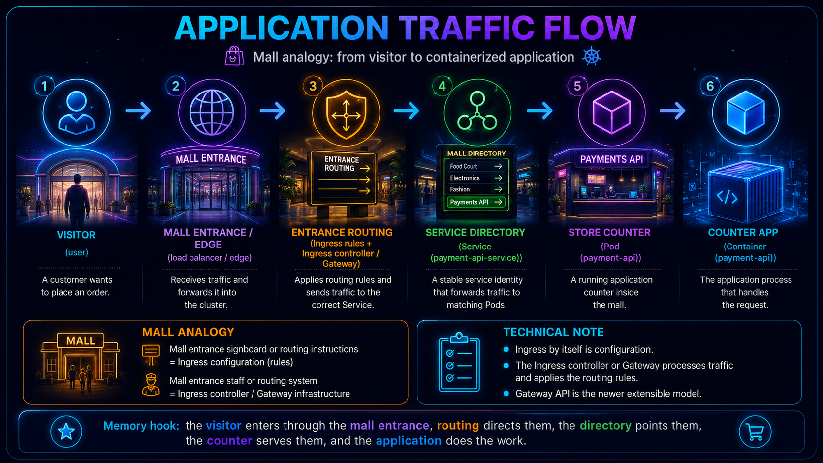 Mall analogy showing application traffic flowing from a visitor through a load balancer and routing system to a Service directory, Pod store and containerised application.