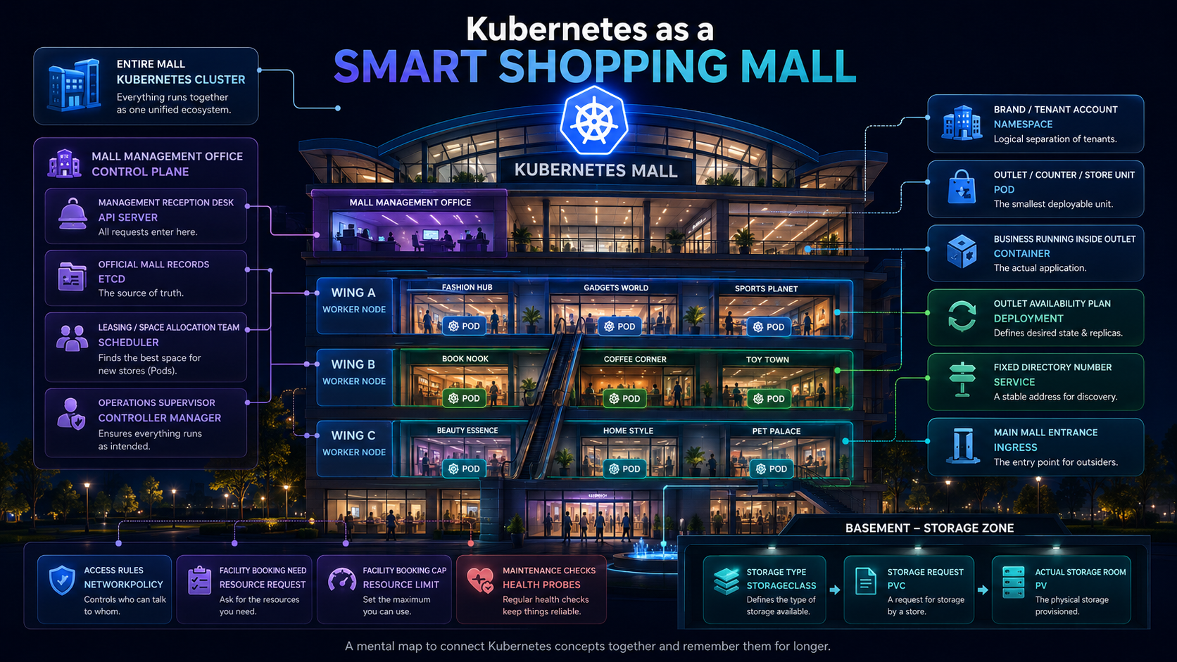 Infographic mapping Kubernetes concepts to a smart shopping mall: cluster, control plane, worker nodes, namespaces, Pods, Services, Ingress, storage, policies and health probes.