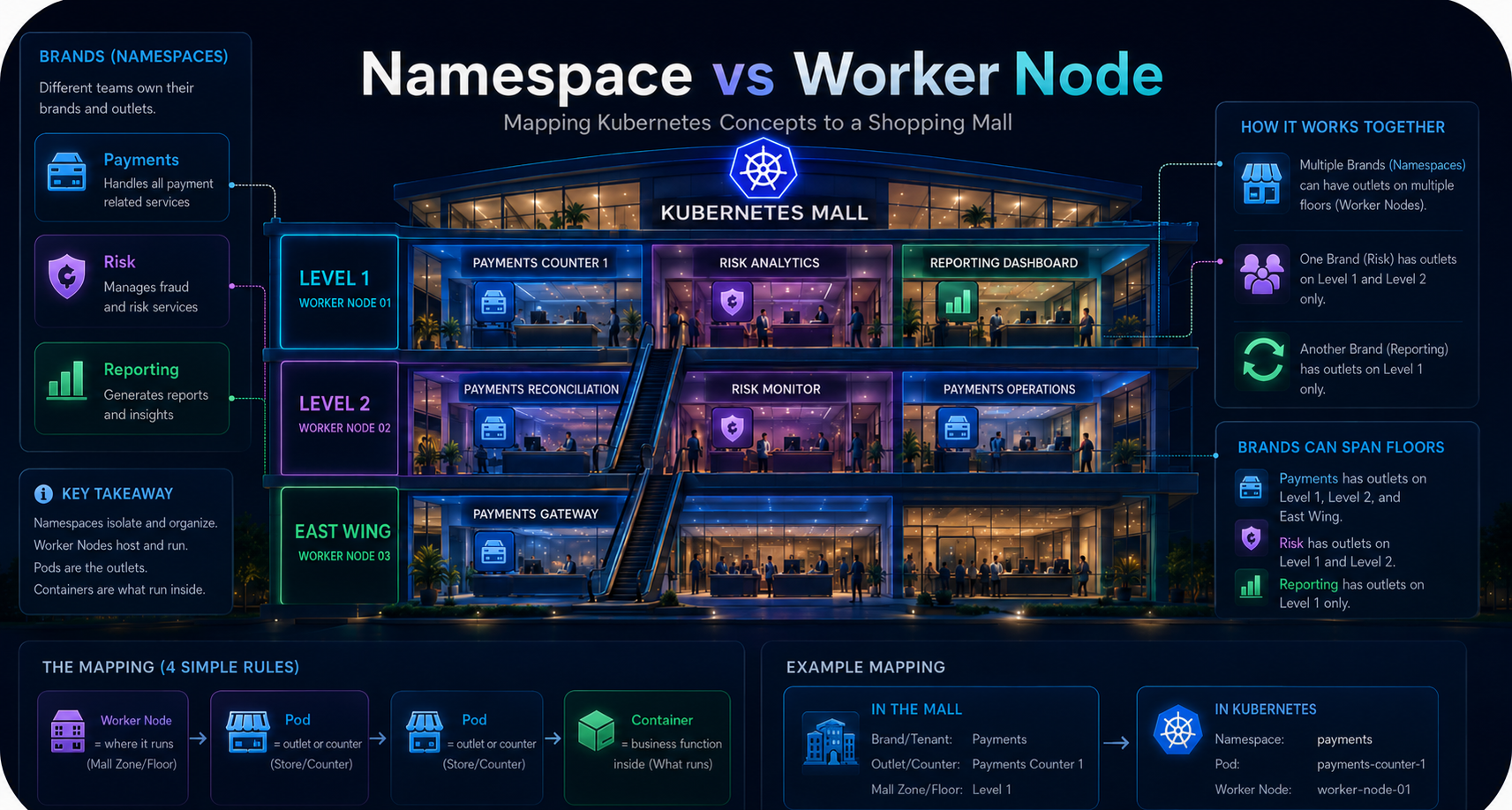 Mall analogy diagram explaining that namespaces are brands, worker nodes are physical floors or zones, Pods are counters and containers are business functions.
