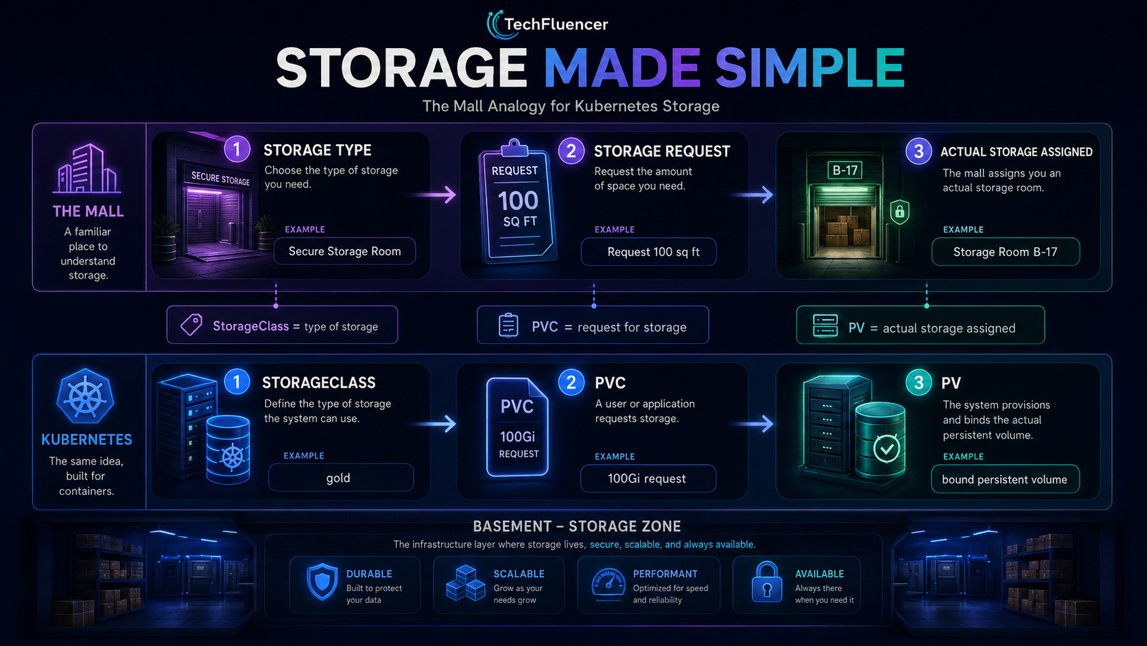 Storage infographic mapping mall storage type, storage request and actual storage room to Kubernetes StorageClass, PVC and PV.